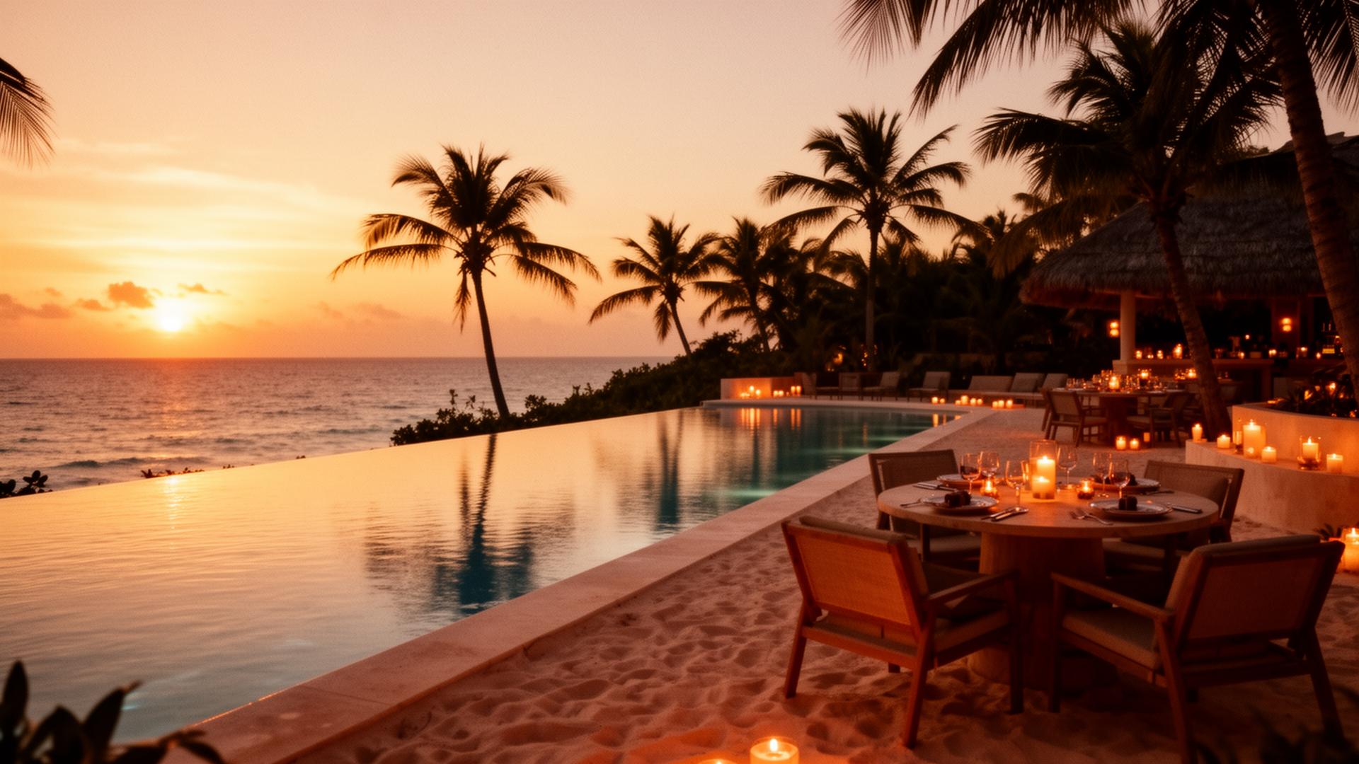 Sunset over an infinity pool with candlelit dining in Tulum